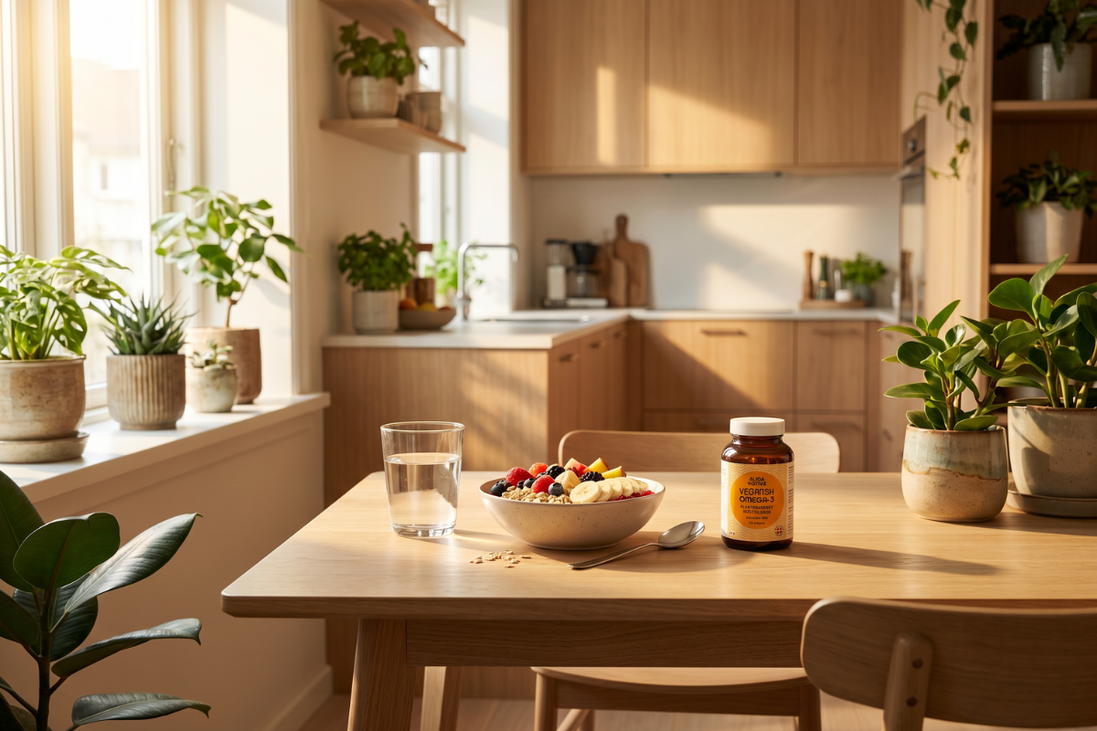 Et meget t�t n�rbillede af gyldne, gennemsigtige Omega-3 softgels, der fanger det varme morgensollys, liggende bl�dt p� en ren, hvid marmoroverflade.