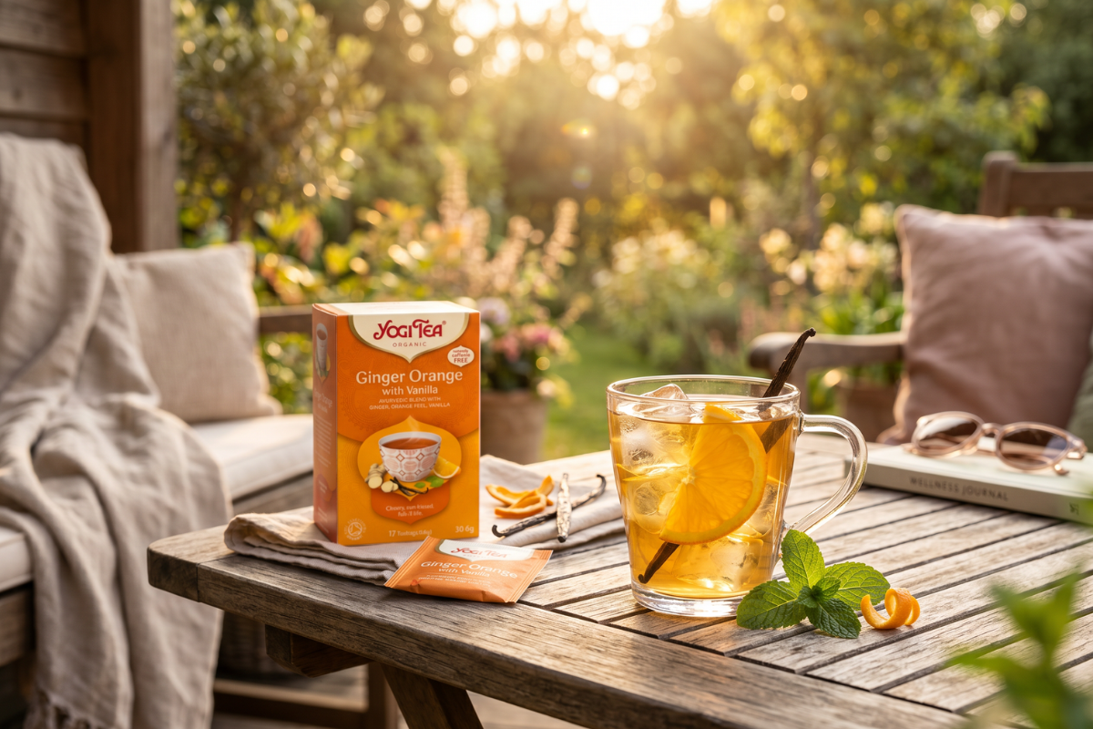 Den varm orange �ske fra Yogi Tea Organic. P� forsiden st�r der 'Ginger Orange with Vanilla', og der er en smuk illustration af en kop te, friske appelsinskiver, ingef�rrod og en vaniljestang.