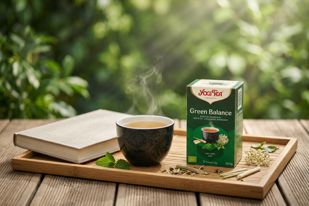 Den m�rkegr�nne �ske fra Yogi Tea Organic. P� forsiden st�r der 'Green Balance', og der er en smuk illustration af en asiatisk inspireret tekop, citrongr�s, pebermynteblade og hyldeblomst.