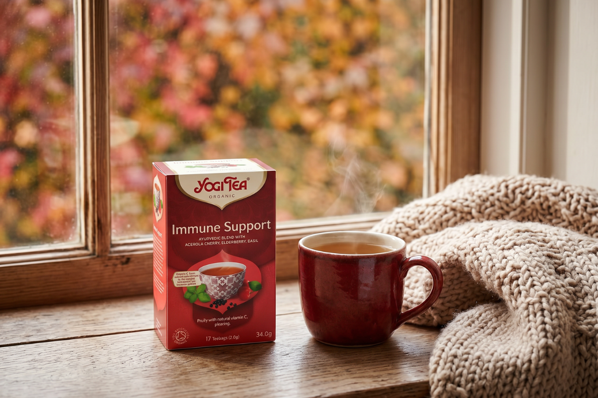 Den bordeaux-r�de �ske fra Yogi Tea Organic. P� forsiden st�r der 'Immune Support', og der er en smuk illustration af en kop te omgivet af gr�nne basilikumblade og r�de acerola-b�r.