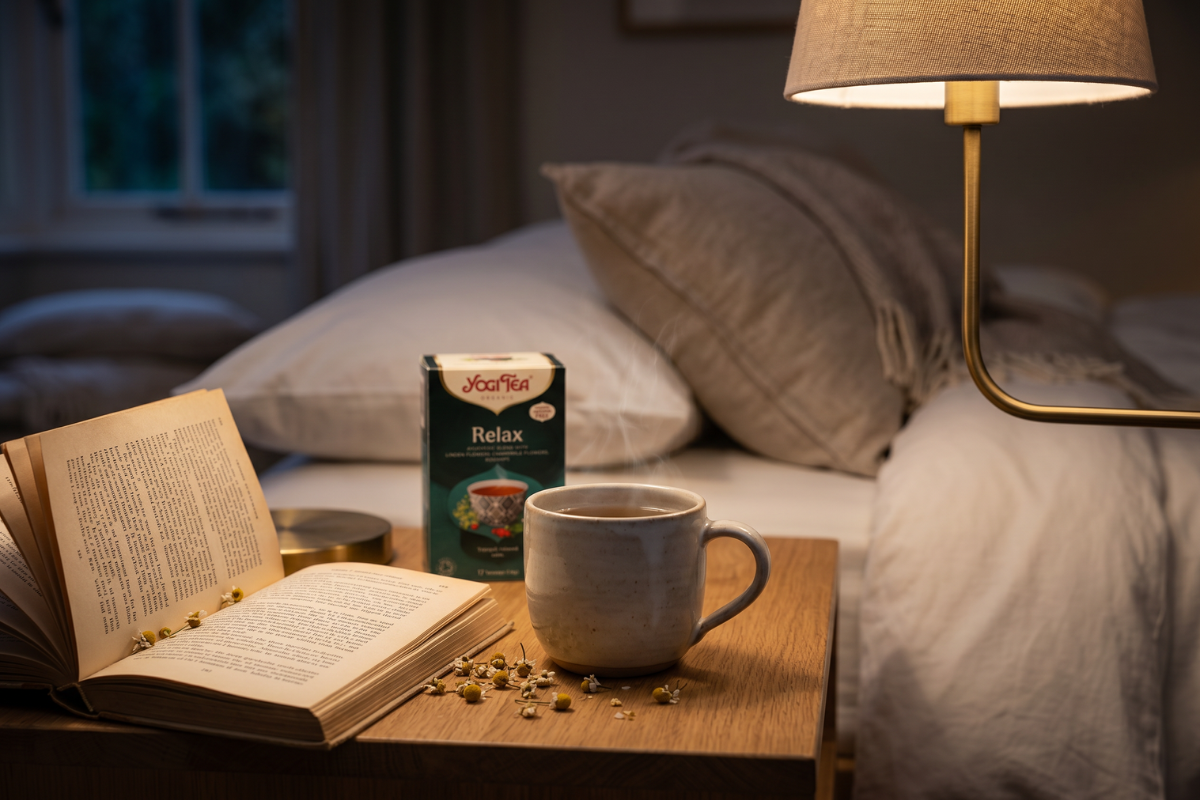 Den m�rkegr�nne �ske fra Yogi Tea Organic. P� forsiden st�r der 'Relax', og der er en smuk illustration af en sk�l med te omgivet af kamilleblomster og lindeblade.