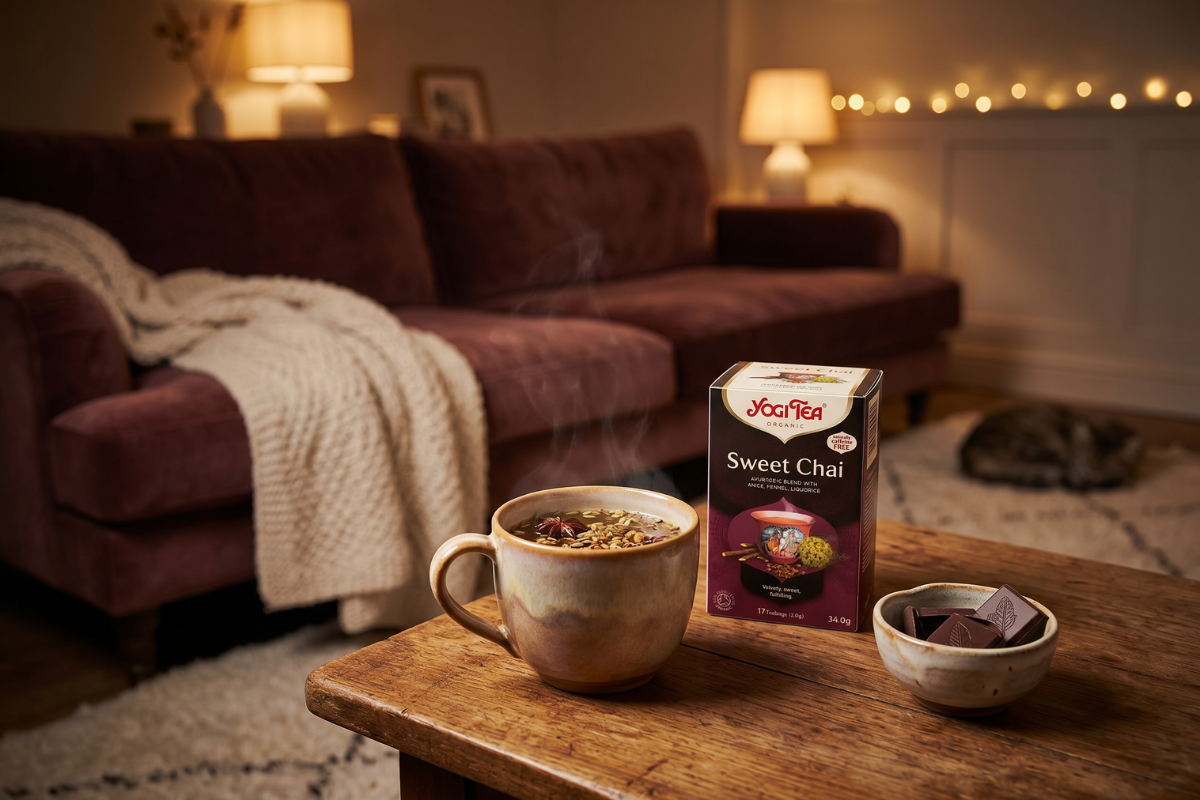 En varm gul og m�rk �ske fra Yogi Tea Organic. P� forsiden st�r der 'Sweet Chai', og der er en smuk illustration af en farverig indisk kop omgivet af stjerneanis, fennikelfr� og hele nelliker.