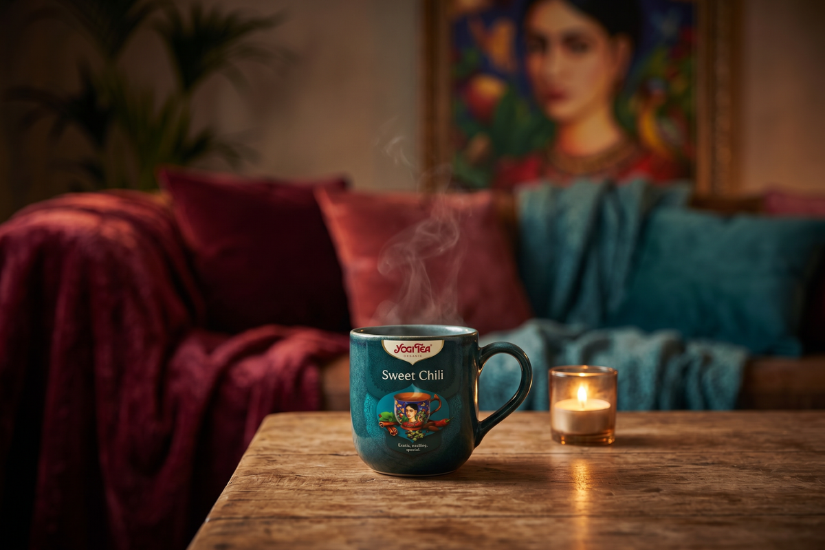 Den dybe petrolbl� �ske fra Yogi Tea Organic. P� forsiden st�r der 'Sweet Chili', og der er en illustration af en tekop omgivet av r�d chili, kanelst�nger og kakaob�nner.