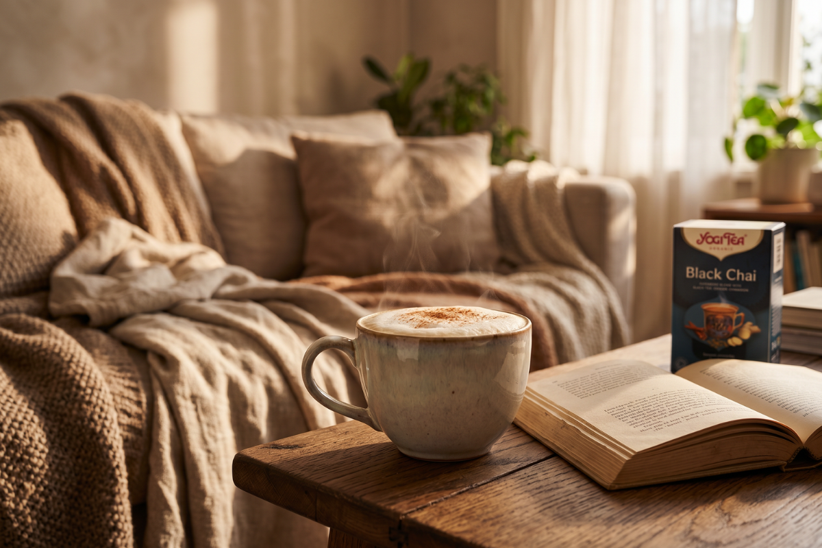 Den m�rkebl� �ske fra Yogi Tea Organic. P� forsiden st�r der 'Black Chai', og der er en smuk illustration af en indisk kop med guden Ganesha, omgivet af kanelst�nger og ingef�r.