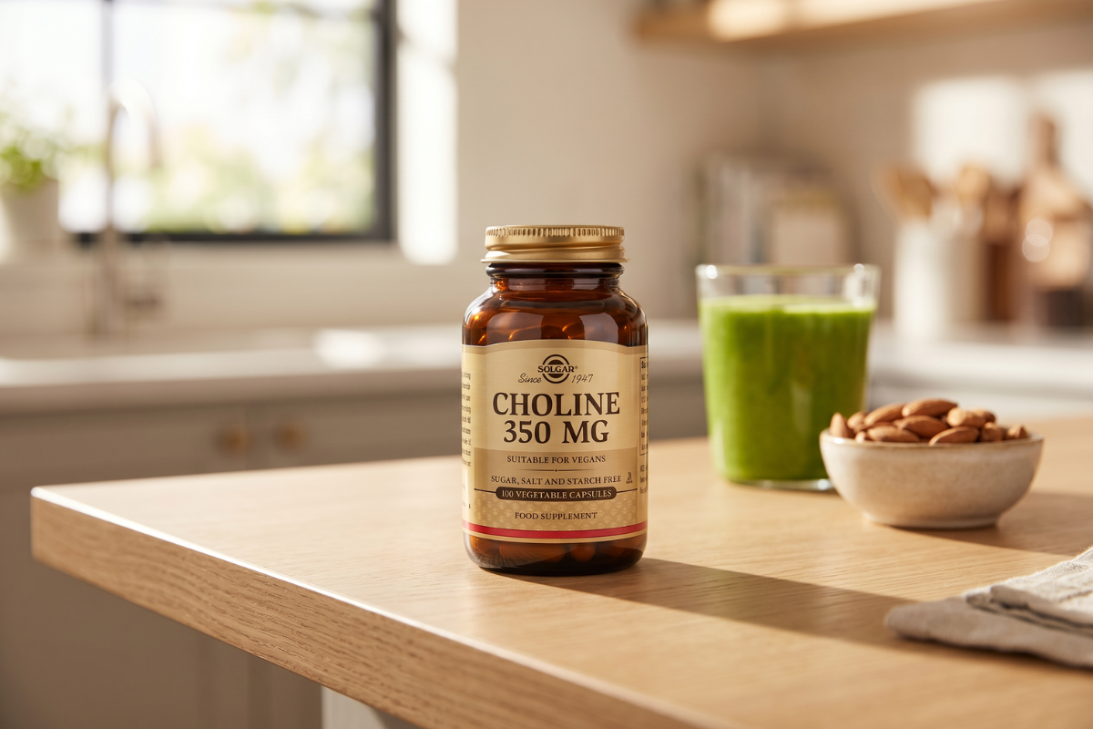 Solgar Choline 350mg 100 vegetabilske kapsler i ravgul glasflaske med guldl�g