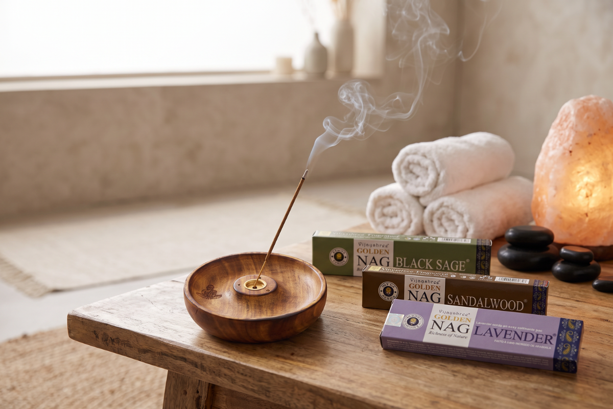 Spa og afslapning r�gelsespakke med Golden Nag Lavender, Sandalwood, Black Sage og rund Buddha r�gelseholder i mangotr�