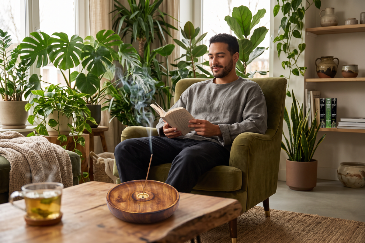 The Green Lounge r�gelsespakke med Multitrance Fresh Leaves, HAZE Nag Champa og HAZE Lemon r�gelse samt Buddha r�gelseholder