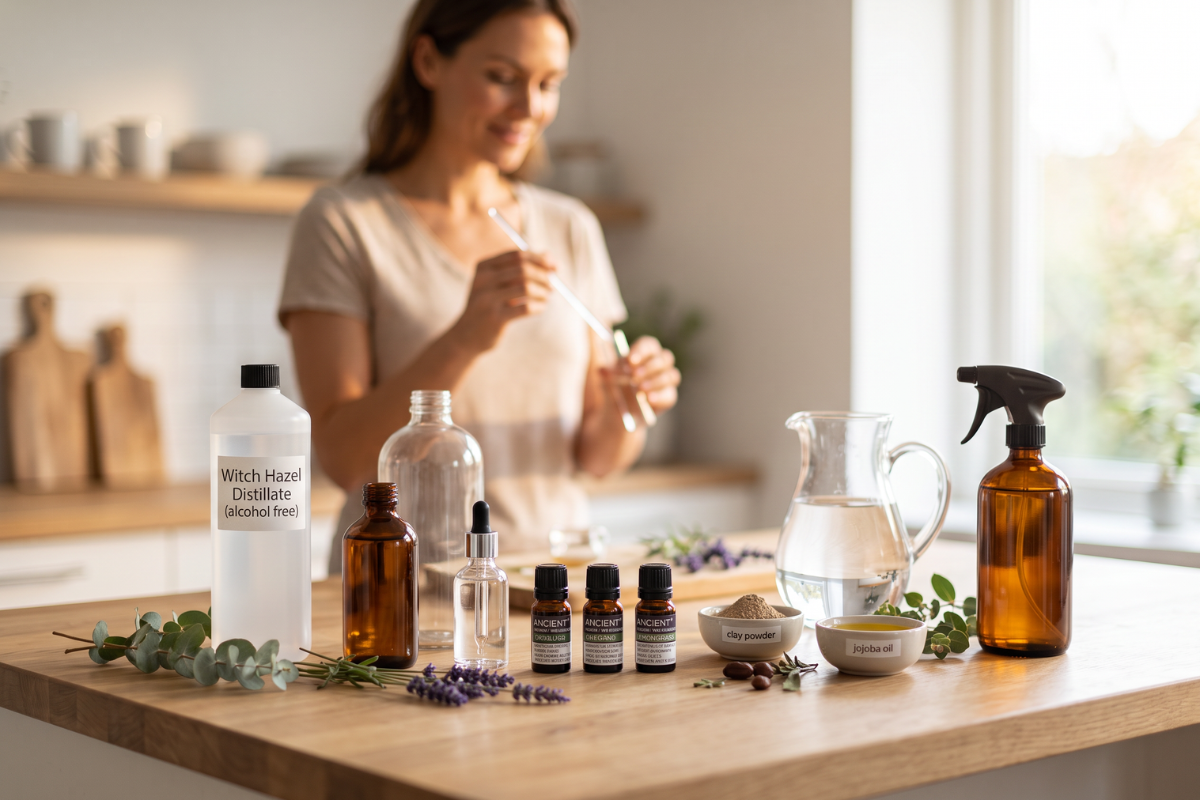 Opstilling af DIY ingredienser med &aelig;teriske olier og sprayflaske