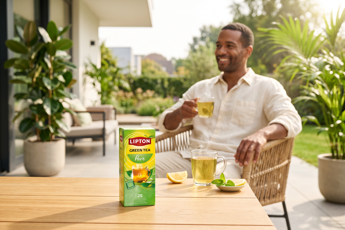 Opretst�ende Lipton Green Tea Pure �ske. Designet er lysegr�nt, gul og viser et gennemsigtigt tekrus med dampende gr�n te.