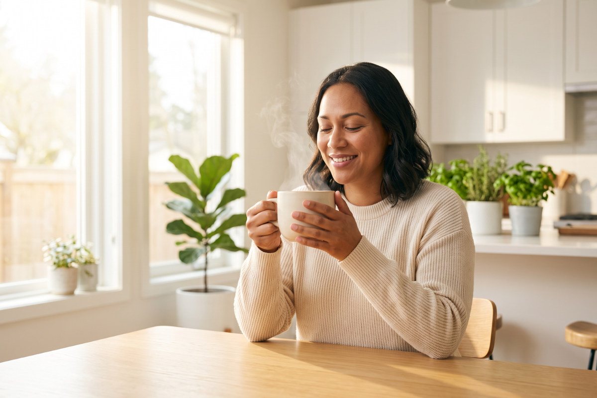 Lipton English Breakfast Te 25 breve. Dyb bordeaux �ske med gul midte og et krus varm te.