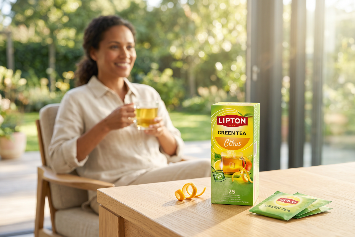 Opretst�ende Lipton Green Tea Citrus �ske. Designet er lysegr�nt og gult og viser et gennemsigtigt tekrus omkranset af citrusfrugter og teblade.