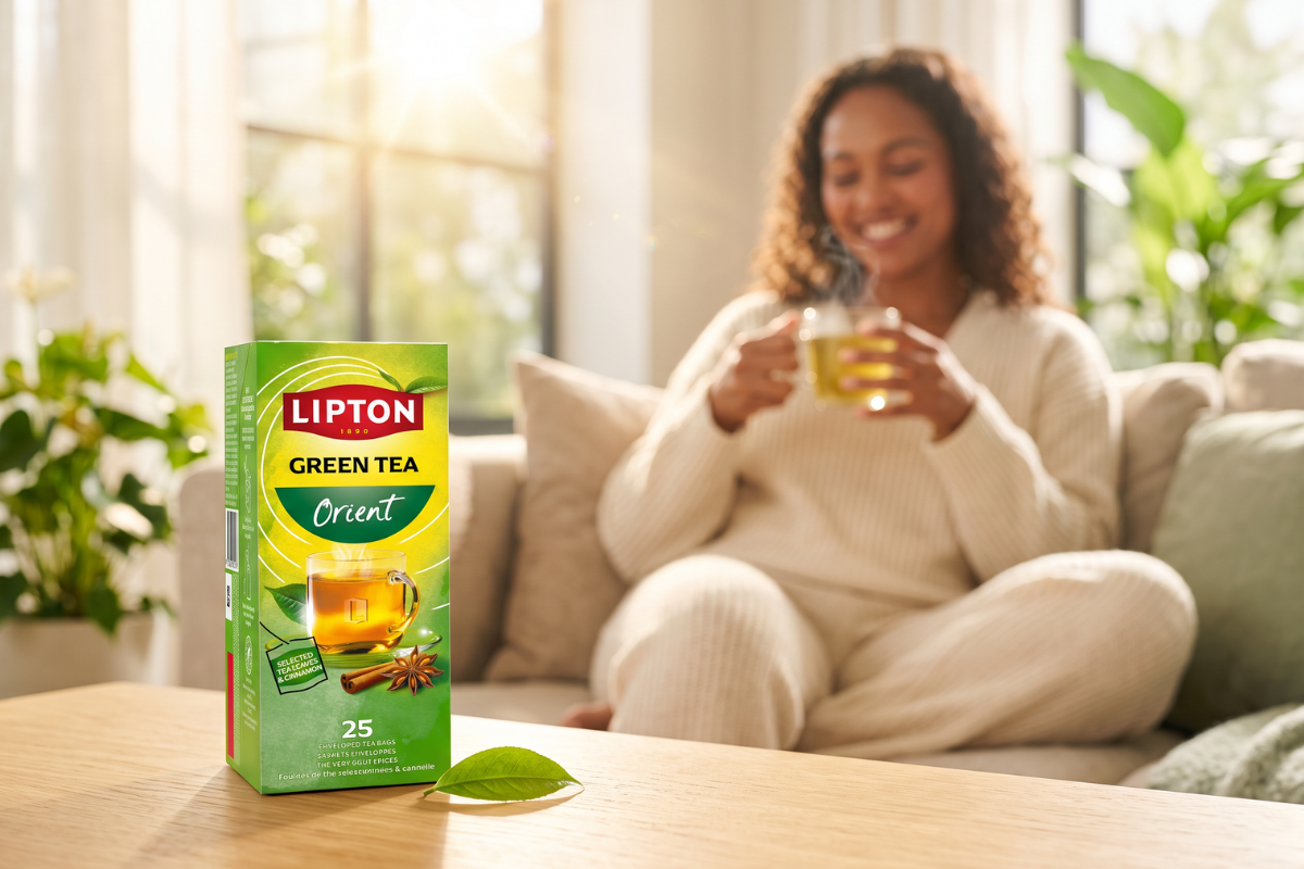 Opretst�ende Lipton Green Tea Orient �ske. Designet er lysegr�nt og viser et gennemsigtigt tekrus med varm te, dekoreret med kanelst�nger og stjerneanis.