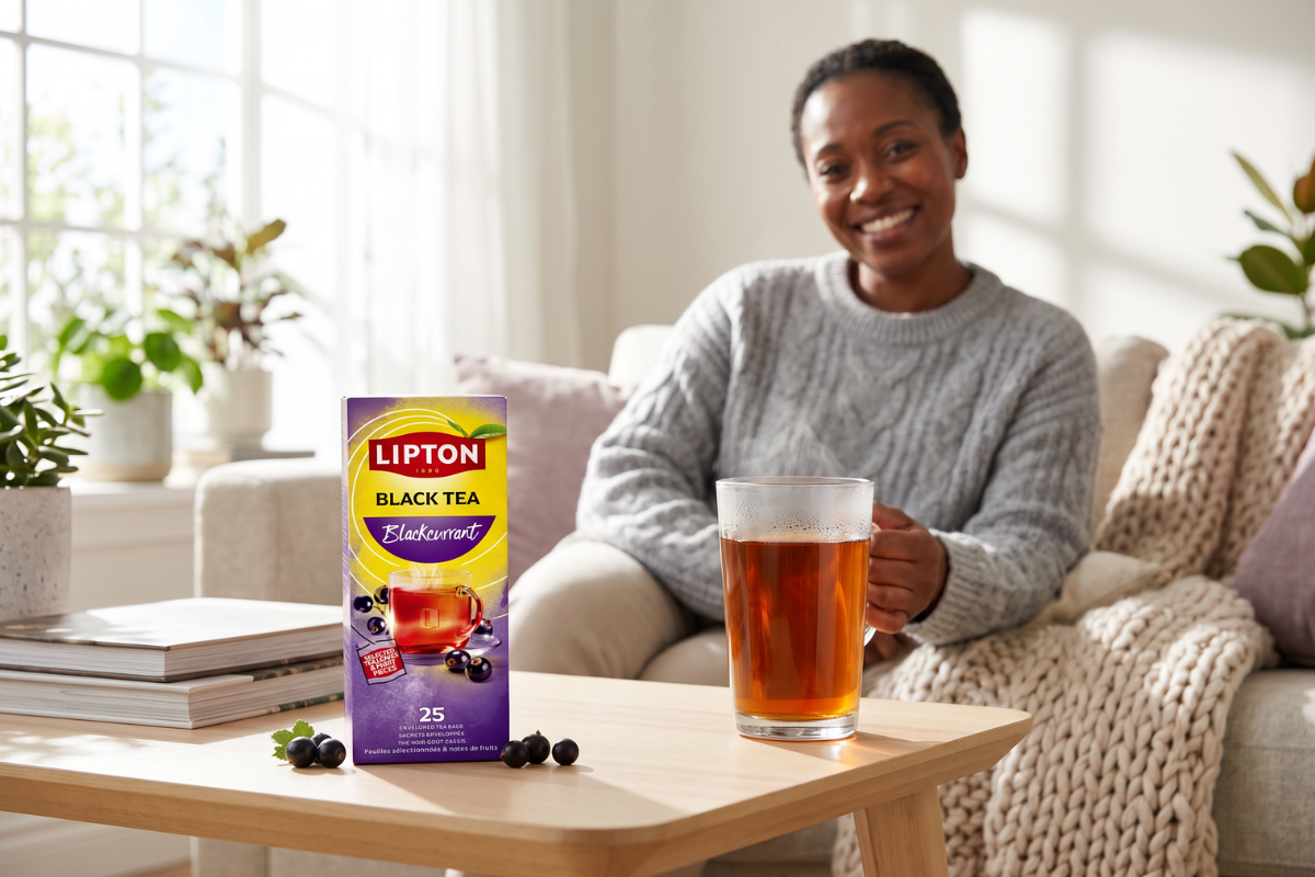 Opretst�ende Lipton Black Tea Blackcurrant �ske. Designet er i lilla og gule nuancer med et glas varm te omgivet af friske solb�r.