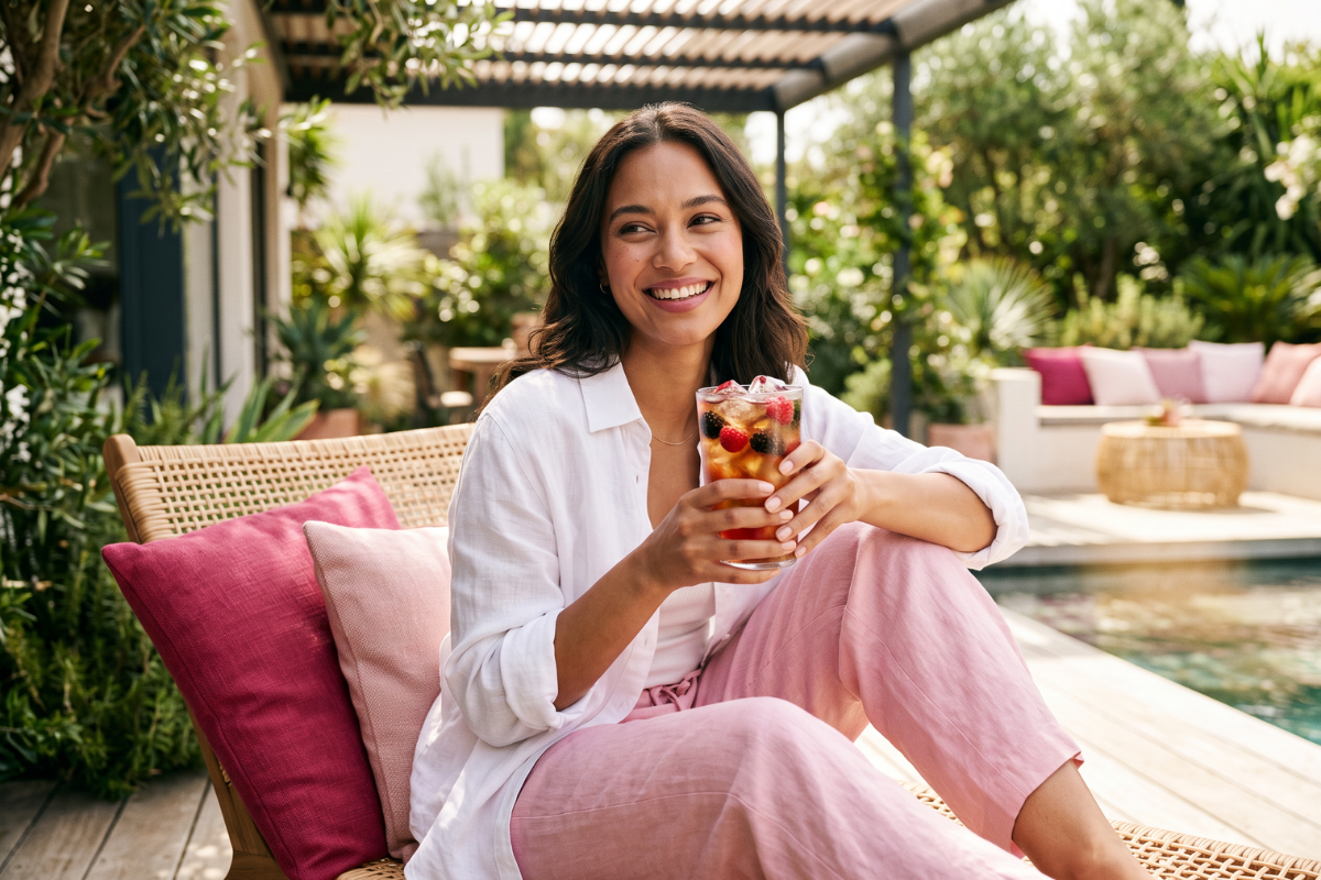 Opretst�ende Lipton Black Tea Forest Fruits �ske med pink og gul baggrund. Et krus te med friske jordb�r og hindb�r.