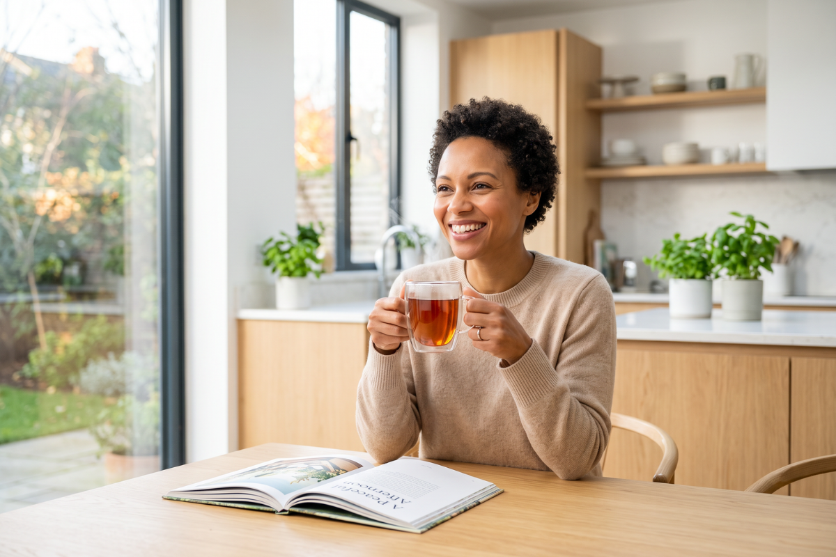 Opretst�ende Lipton Black Tea Earl Grey �ske med m�rkegr� bund og gul top. Et klart tekrus st�r i midten.
