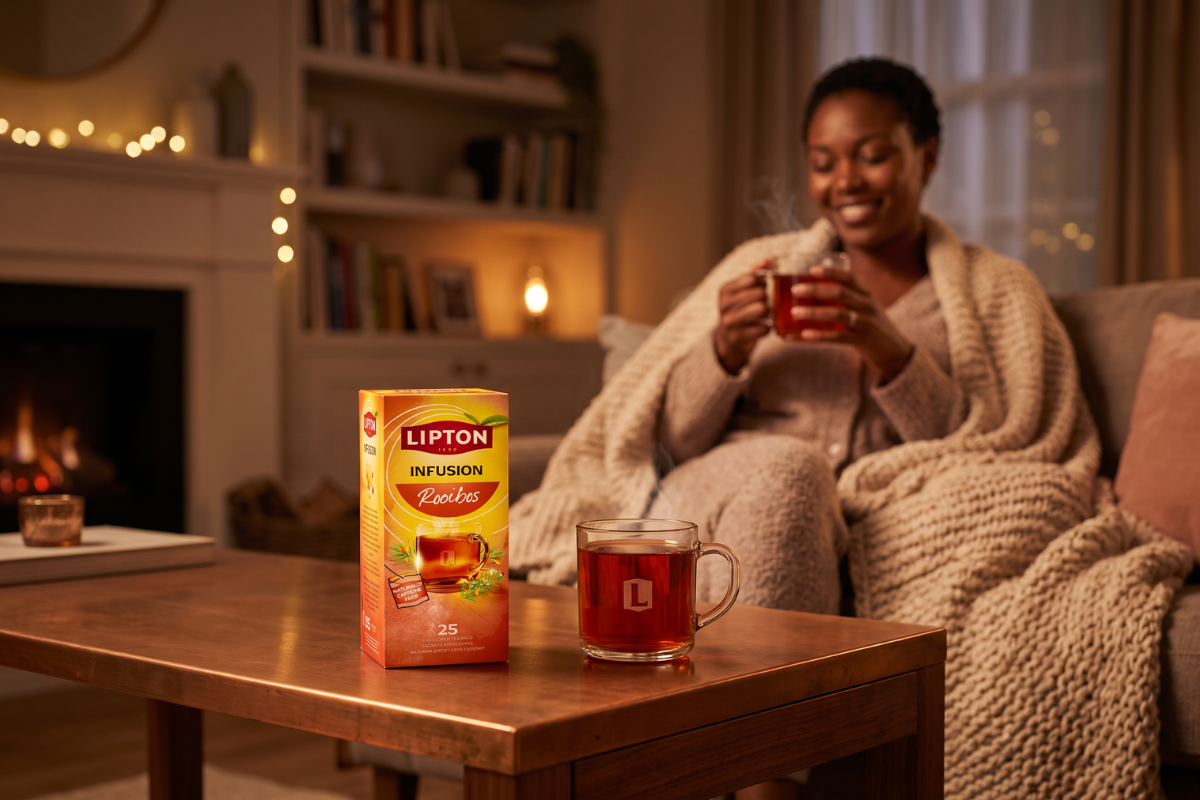 Opretst�ende Lipton Infusion Rooibos �ske. Designet er br�ndt orange og gult og viser et gennemsigtigt tekrus med r�dlig te og gr�nne rooibos-n�le.