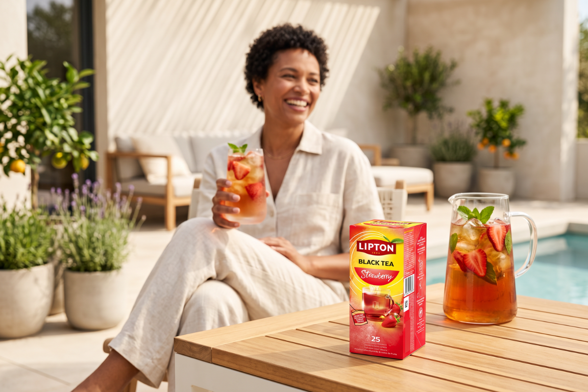 Opretst�ende Lipton Black Tea Strawberry �ske. Designet er lyser�dt og r�dt med et glas varm te og et friskt, modent jordb�r.
