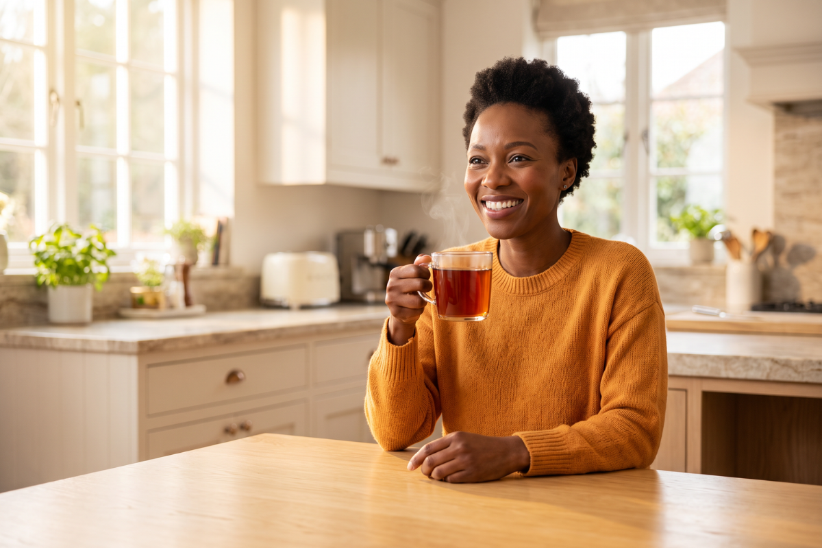 Lipton Yellow Label Te 25 breve. Klassisk gul �ske med det r�de Lipton logo og et glas varm te.