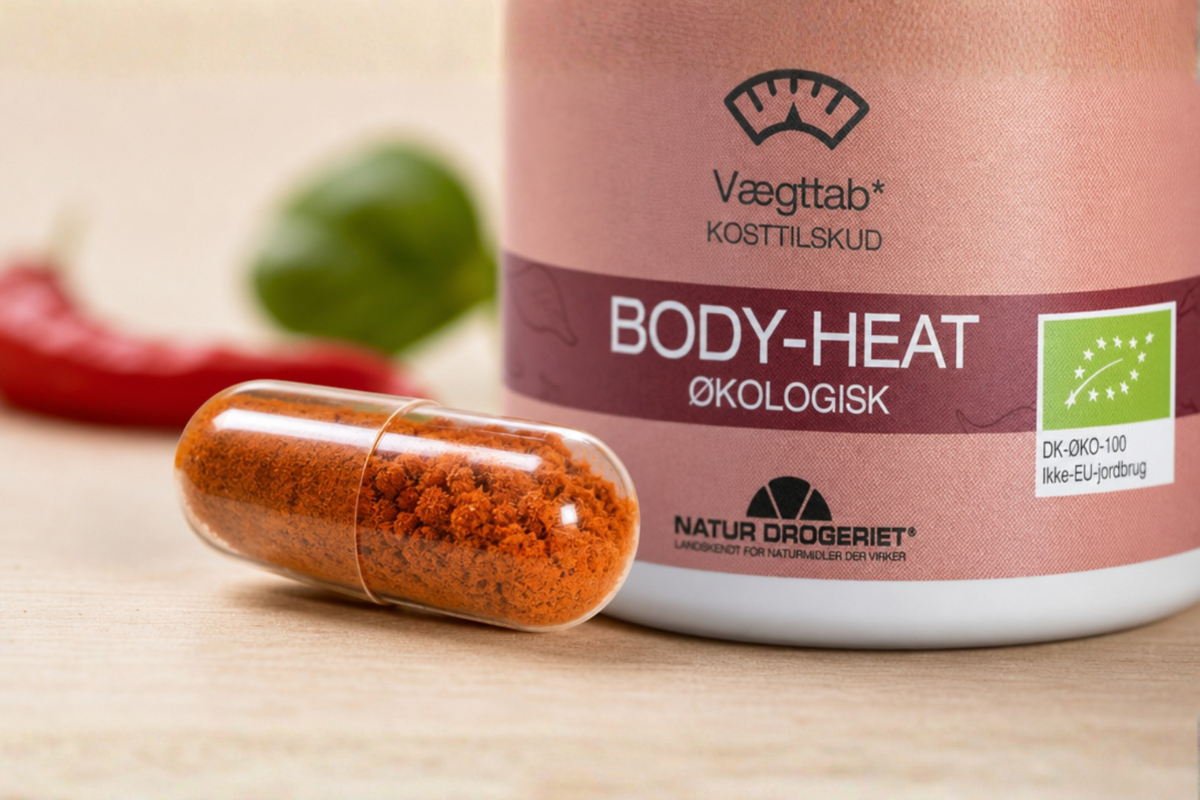 Natur-Drogeriet Body-Heat �kologisk 120 kapsler til v�gtreduktion pr�senteret hos Helseservice.