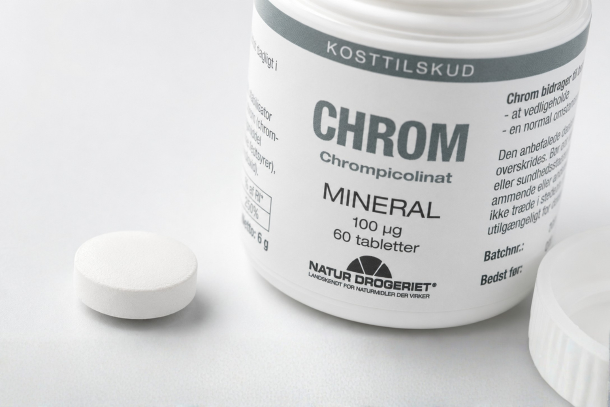 Natur-Drogeriet Chrom 100 &mu;g mineraltilskud i hvid b�tte pr�senteret hos Helseservice.