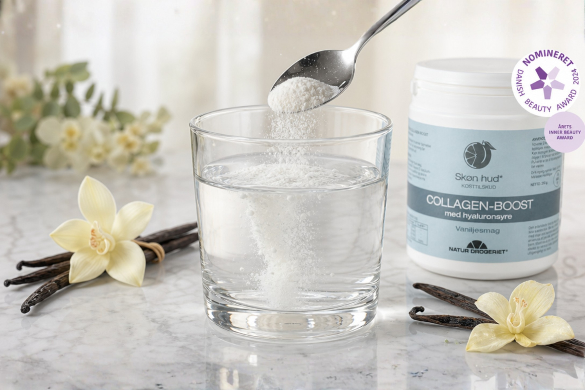 Natur-Drogeriet Collagen-Boost Vaniljesmag 350 g med Danish Beauty Award nomineringsm�rke pr�senteret.