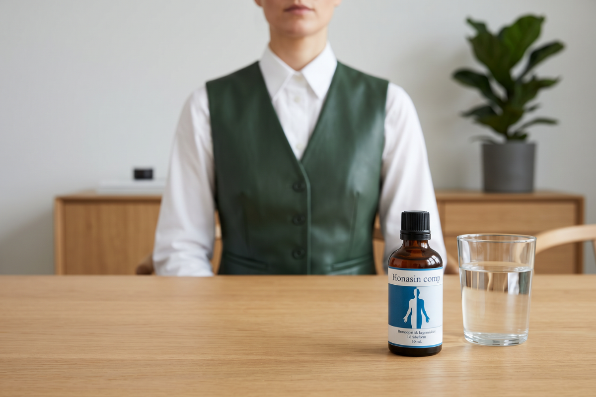 Den klassiske m�rkebrune apotekerflaske fra Holistica-Medica. Etiketten pr�senterer et klassisk design indrammet af den karakteristiske bl� kant. Flasken indeholder 50 ml Honasin dr�ber og har en integreret euro-dr�bet�ller.