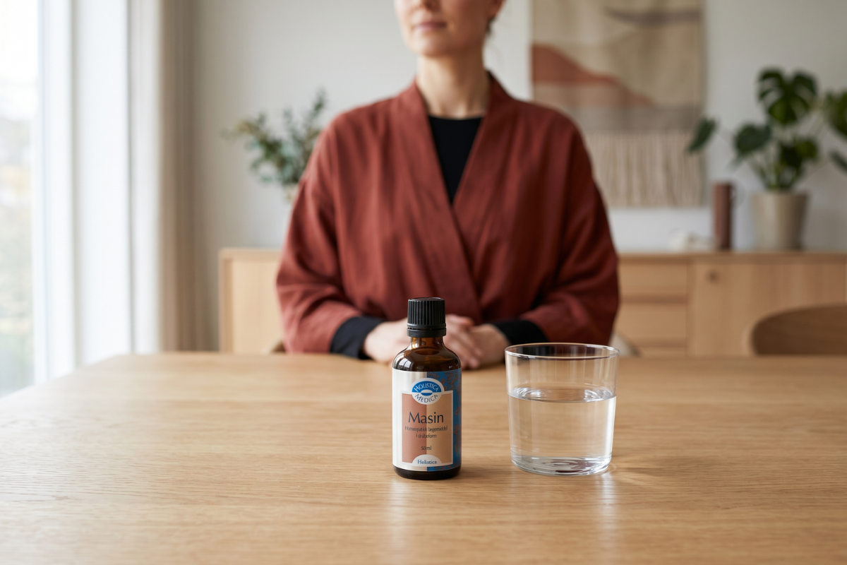 Den klassiske m�rkebrune apotekerflaske fra Holistica-Medica. Etiketten pr�senterer et todelt design i sandfarvede og brune nuancer, indrammet af en elegant bl� kant med botaniske illustrationer. Flasken indeholder 50 ml Masin dr�ber.