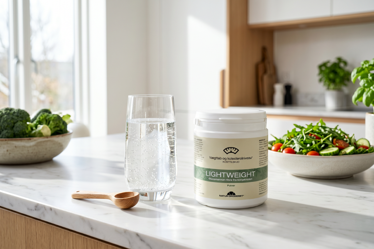 Hvid d�se med gr�n etiket fra Natur Drogeriet, hvor der st�r 'LIGHTWEIGHT - V�gttab og kolesterolniveau - Glucomannan-fibre fra konjakroden - Pulver'.