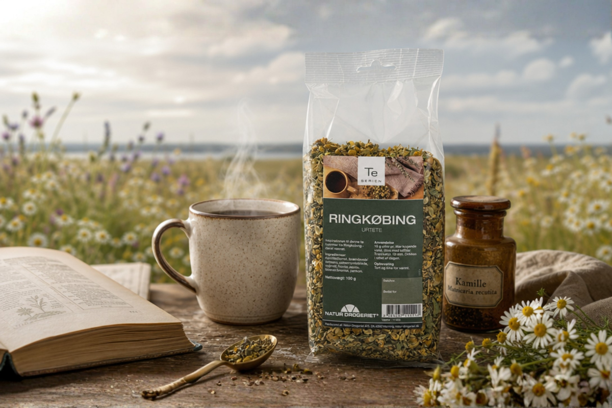 Natur-Drogeriet Ringk�bing Urtete 100g pose med vildtvoksende gr�ftekantsurter pr�senteret p� shoppen.