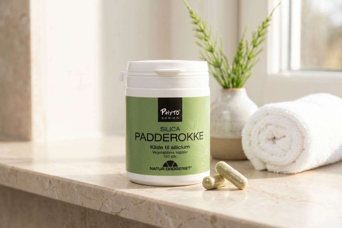 Natur-Drogeriet Silica-Padderokke 150 kapsler hvid b�tte med m�rkegr�n produktbj�lke