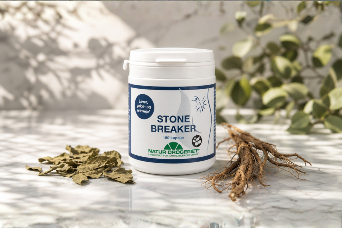 Natur-Drogeriet Stone Breaker 180 kapsler til lever og galdevej pr�senteret hos Helseservice.