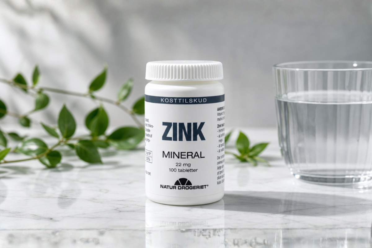 Natur-Drogeriet Zink 22 mg mineraltilskud i hvid b�tte pr�senteret hos Helseservice.