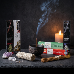 R�gelse og salvie kategoribillede hos Helseservice med t�ndt r�gelsespind i holder, hvirvlende r�g, et bundt t�rret hvid salvie og krystaller p� en elegant overflade i afslappende wellness-atmosf�re.