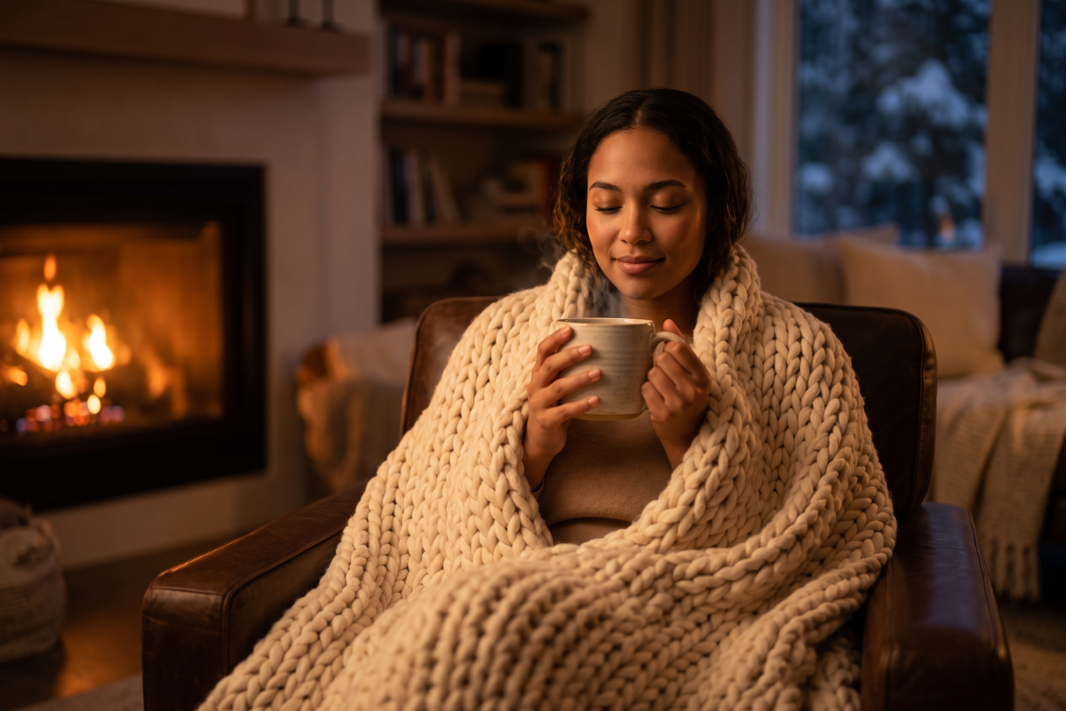 Clipper Warming Chamomile Lemon & Honey Te. �ske i bl� og gule farver med et hyggeligt vinterlandskab og en tepose.