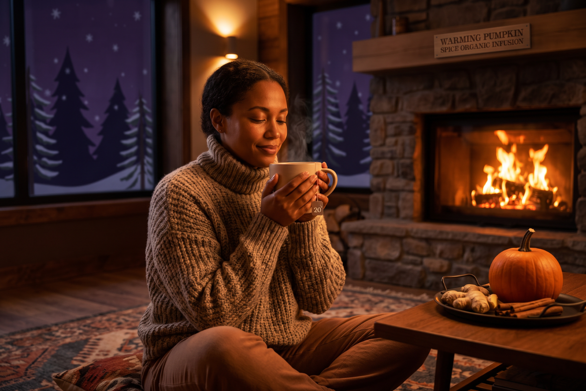 Clipper Warming Pumpkin Spice Te - �ske i lilla og orange med snelandskab, gr�skar, kanel og ingef�r.