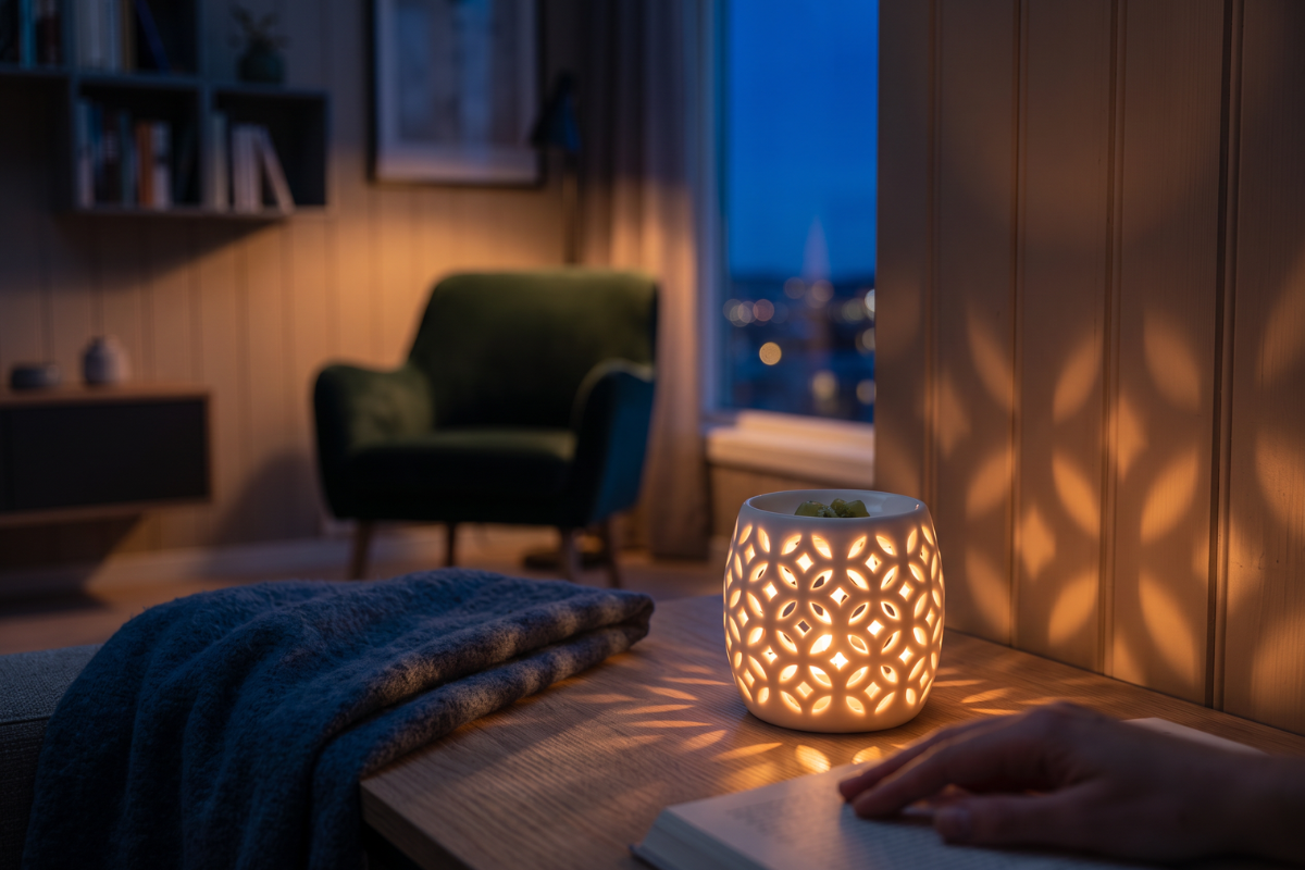 Firefly duftlampe i m�rke, der kaster et smukt geometrisk lysm�nster p� underlaget.