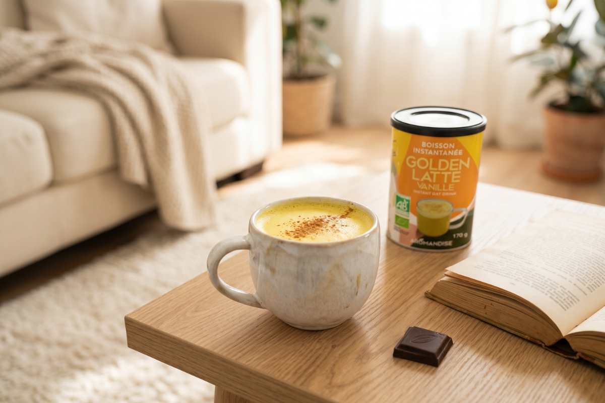 En hvid keramik kop fyldt med dampende, gylden Golden Latte drik. I baggrunden ses den gule d�se fra Aromandise med teksten 'Golden Latte Vanille'.