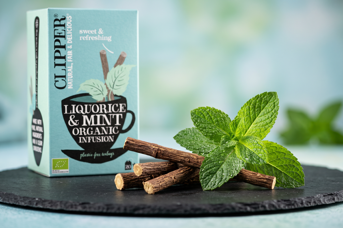 Clipper �kologisk lakridsrod og pebermynte urtete �ske med 20 tebreve