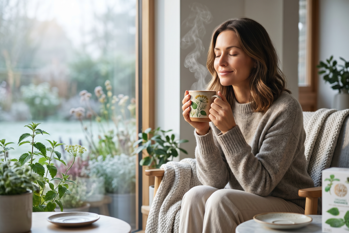Tulsi Radiance te �ske dekoreret med botaniske urter, mynte og br�nden�lde