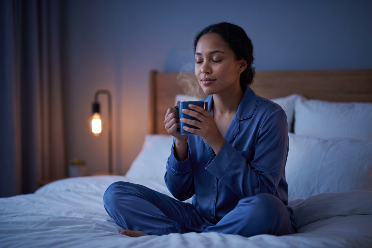 Tulsi Organic Herbal Night. M�rkebl� �ske med illustrationer af kamille, lavendel og lindeblomst.