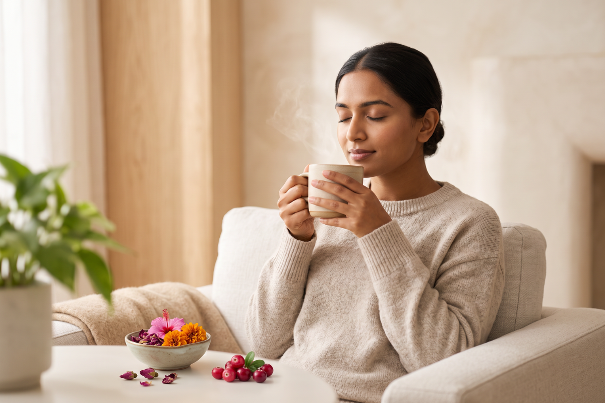 Tulsi Organic Woman's Blend Te. Dyb lilla �ske med smukke illustrationer af rosenblade, hibiscus og hvide blomster.