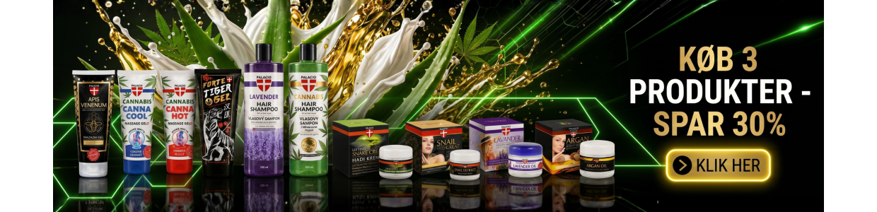 Eksklusivt Palacio banner med et bredt udvalg af cannabis hudpleje og h�rpleje, herunder Canna Cool, Canna Hot, Tiger Gel, luksus ansigtscremer og shampoo. Produkterne st�r p� en spejlende sort overflade foran en eksplosion af hvid kosmetisk creme, gylden