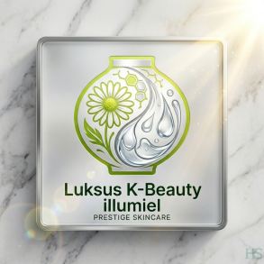 Luksus K-Beauty Illumiel kategori-ikon med et s�lv- og limegr�nt emblem, der integrerer kamilleblomst og vanddr�ber p� en hvid marmorbaggrund.