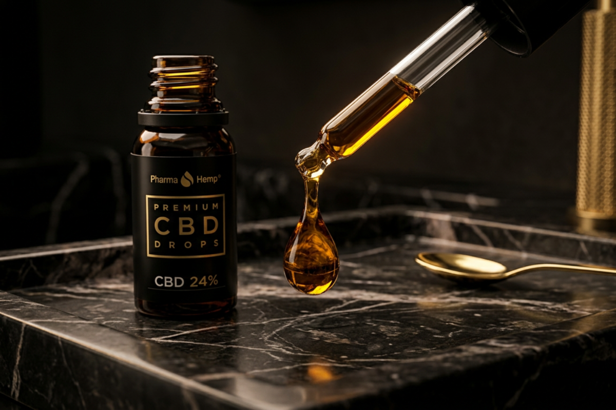 Pharma Hemp CBD Premium Oil 24% � Ultra potent fuldspektret mundplejeolie med 2400mg CBD pr�senteret i luksuri�se omgivelser