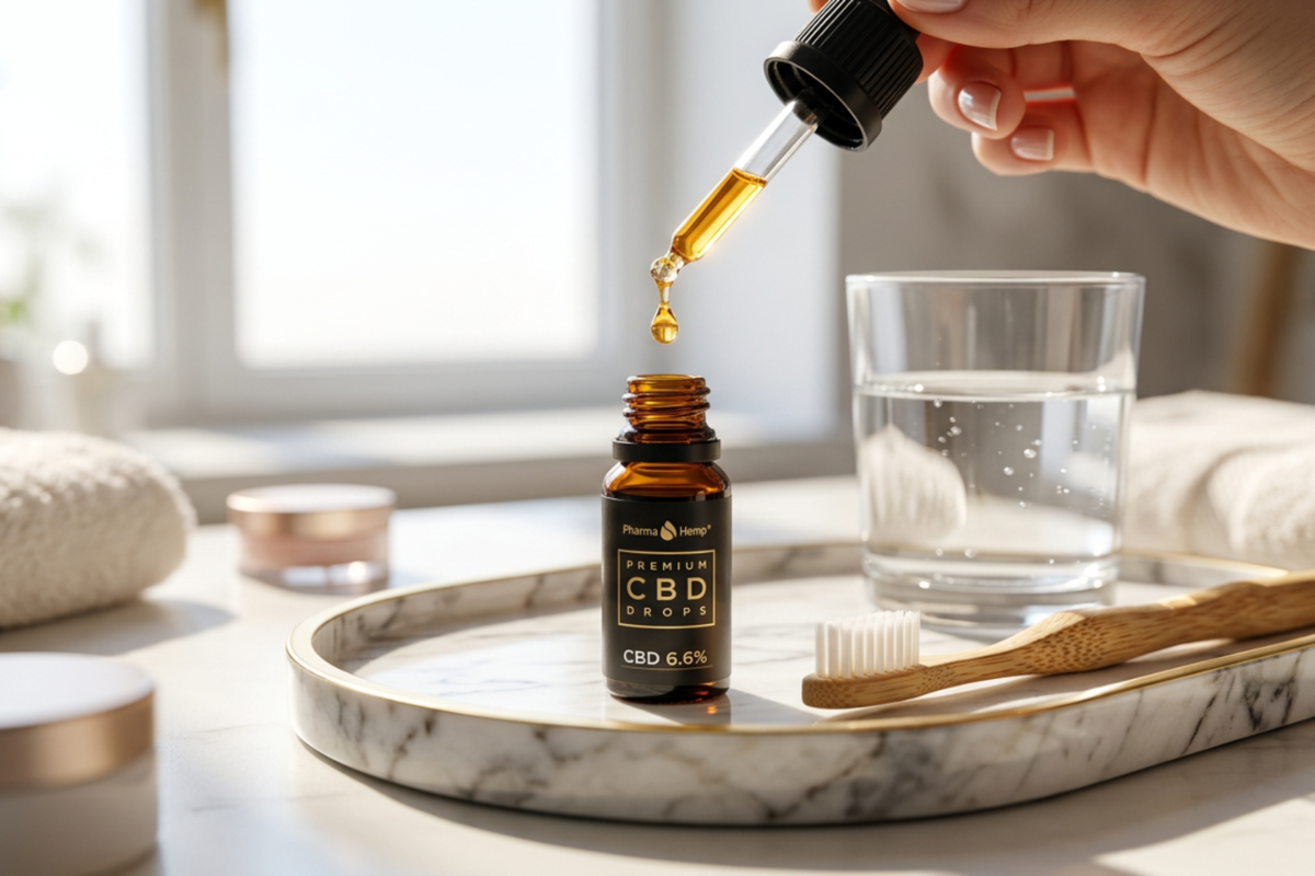 Pharma Hemp CBD Premium Oil 6,6% � Eksklusiv fuldspektret mundplejeolie med koldpresset olivenolie pr�senteret i luksuri�se omgivelser