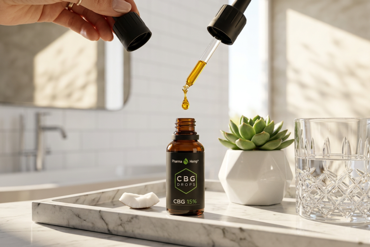 Pharma Hemp CBG Drops 15% � Eksklusiv fuldspektret mundplejeolie med 1500mg CBG pr�senteret i luksuri�se omgivelser