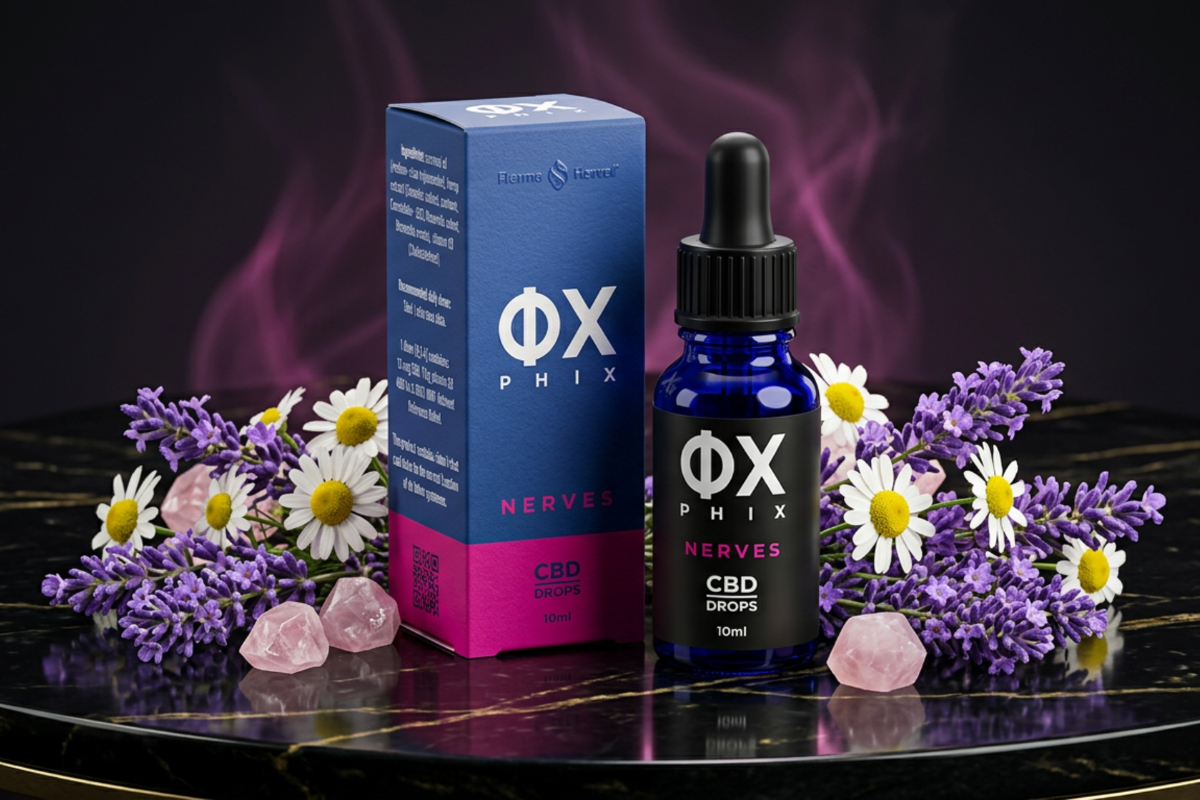 PHIX Nerves Drops - Premium Olie 2500mg i eksklusiv m�rkebl� og magenta emballage