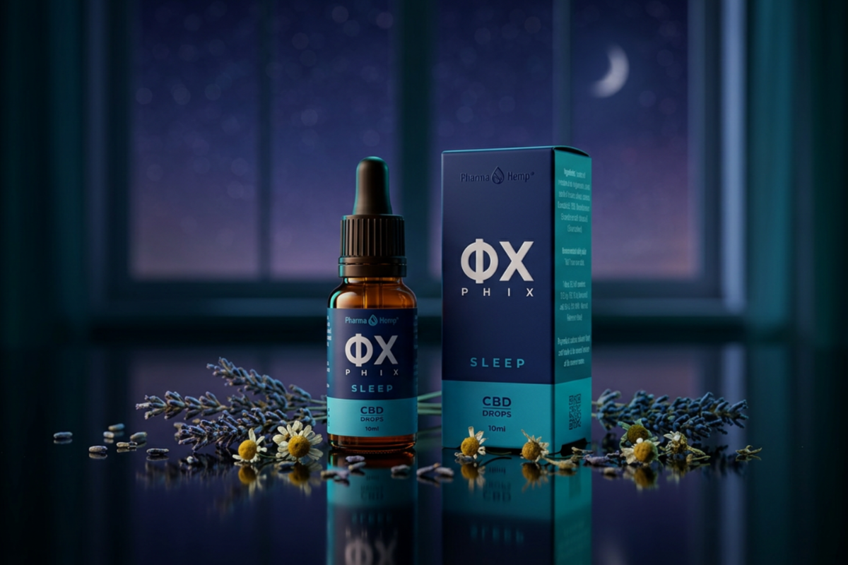 PHIX Sleep CBD CBN Mundplejeolie � Luksuri�s kosmetisk aftenpleje i Midnight Blue og Teal omgivelser