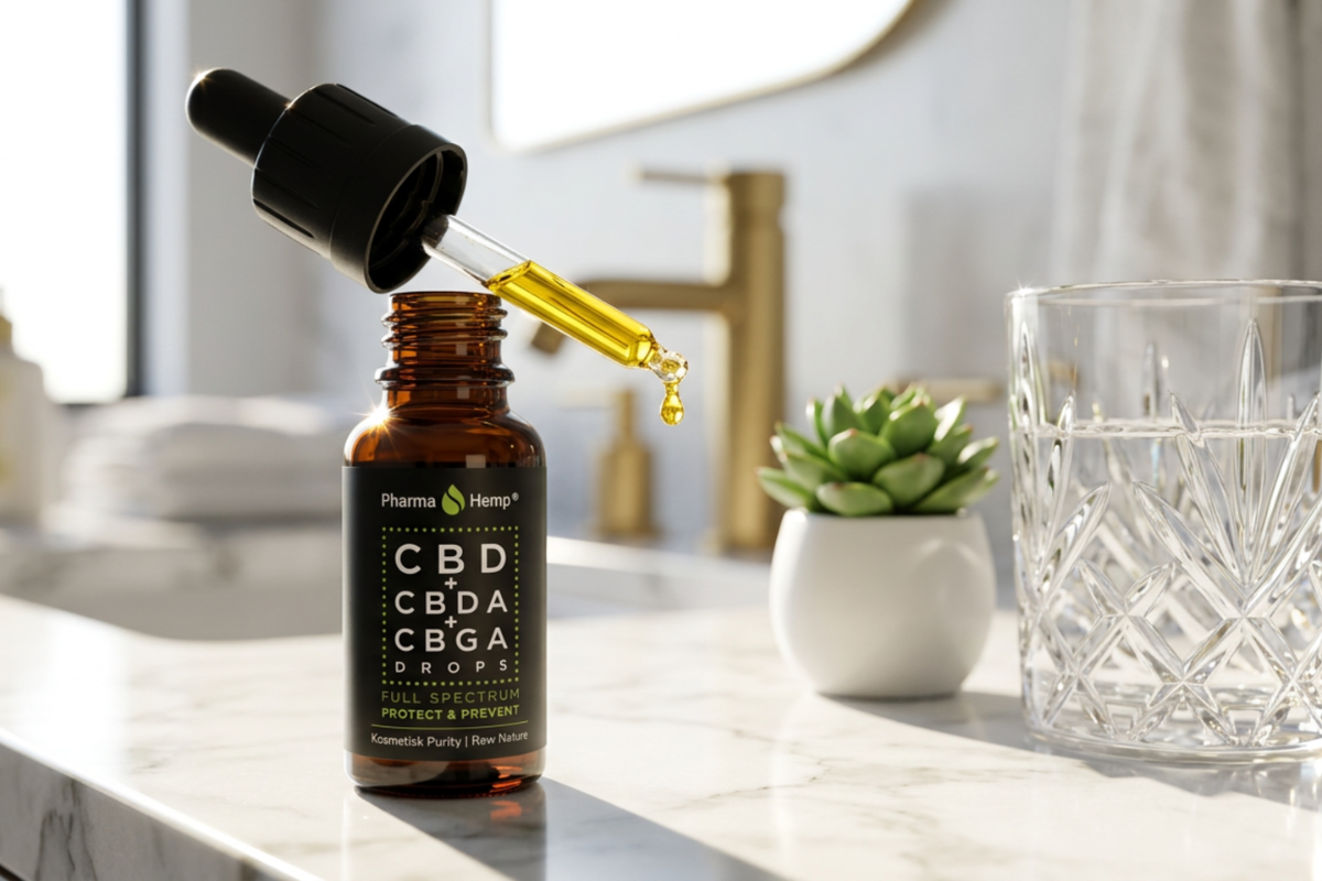 Pharma Hemp CBD Drops Protect & Prevent 15% � Raw Tri-Blend CBD, CBDA og CBGA mundplejeolie pr�senteret i luksuri�se omgivelser