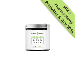 Pharma Hemp Healing CBD Balm 20% hvid krukke med s�lvl�g og gr�nne detaljer, vist p� en m�rk tr�overflade med kakaob�nner ved siden af hos Helseservice.